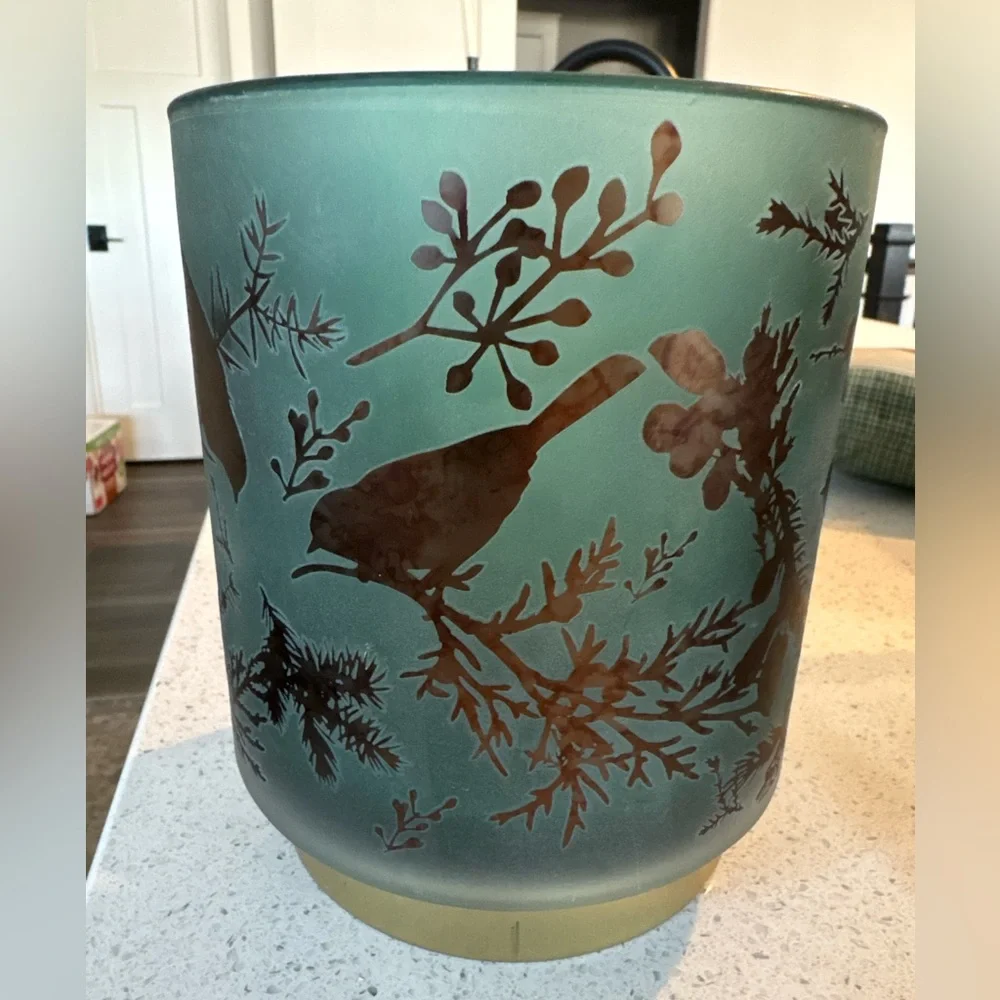 Frosted Blue Green Glass Bird Lantern Lamp Battery Operated with Timer